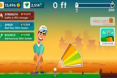 A screenshot of a golf game with a man holding a club.